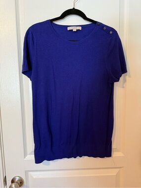 LOFT Short Sleeve Crewneck Top in Royal Blue with Shoulder Buttons